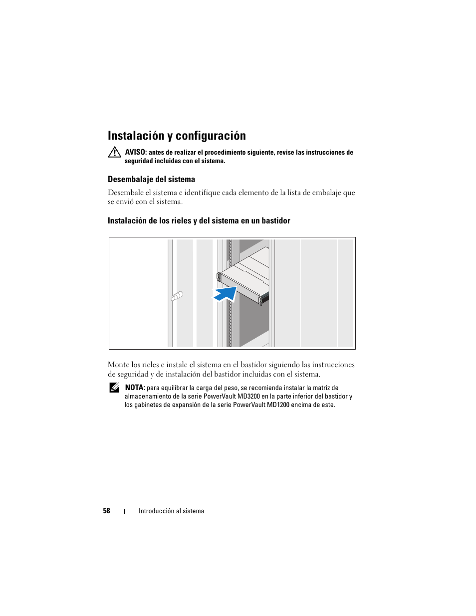 Instalación y configuración, Desembalaje del sistema | Dell PowerVault MD3220 User Manual | Page 60 / 76