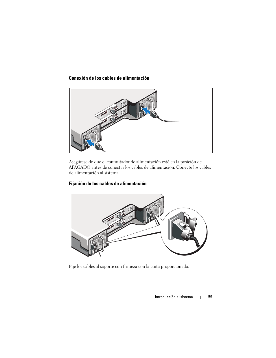 Conexión de los cables de alimentación, Fijación de los cables de alimentación | Dell PowerVault MD3220 User Manual | Page 61 / 76