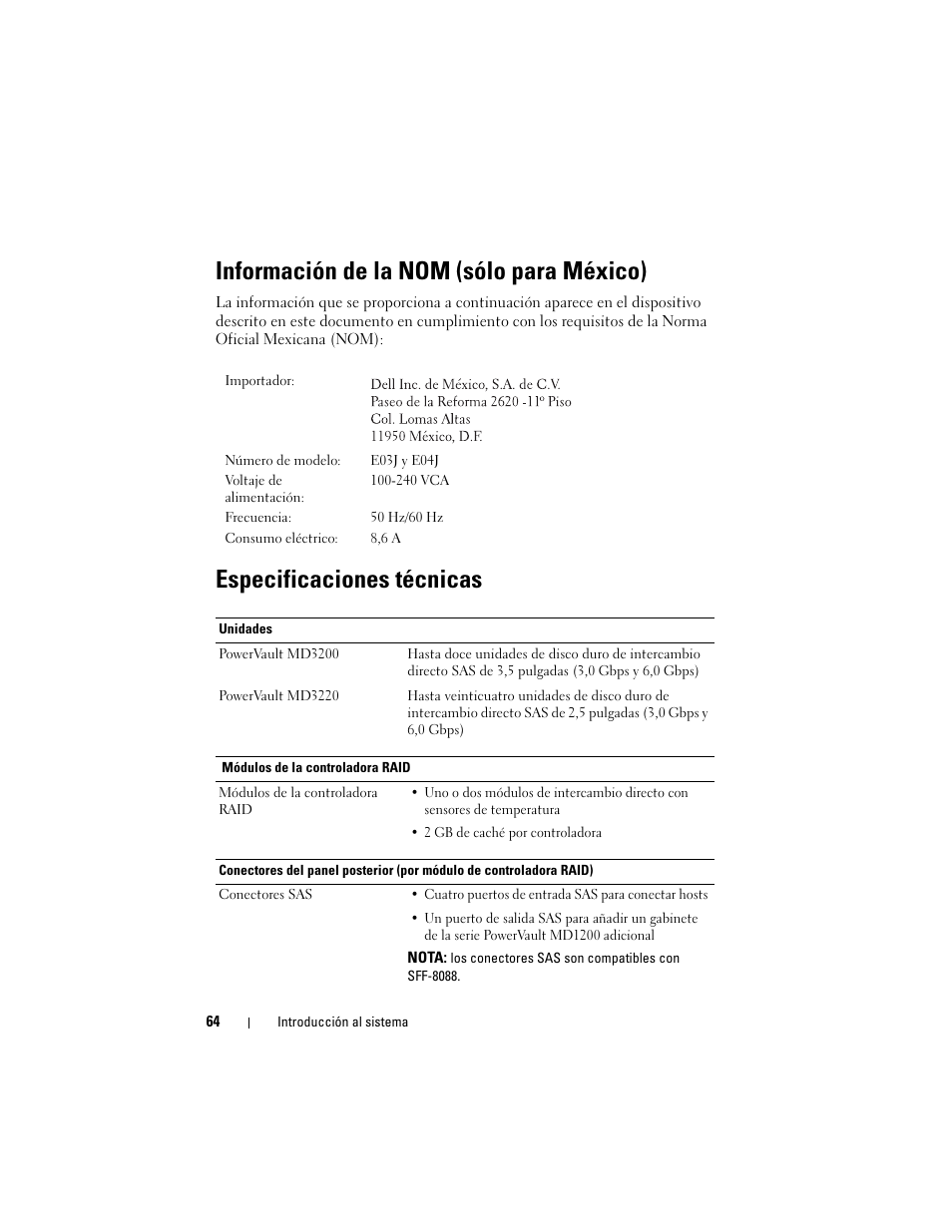 Información de la nom (sólo para méxico), Especificaciones técnicas | Dell PowerVault MD3220 User Manual | Page 66 / 76