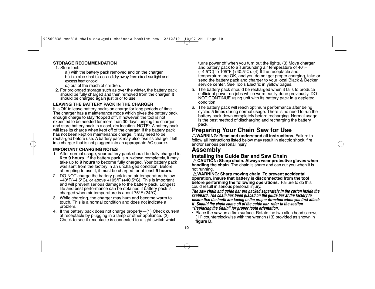 Preparing your chain saw for use, Assembly | Black & Decker CCS818 User Manual | Page 10 / 56