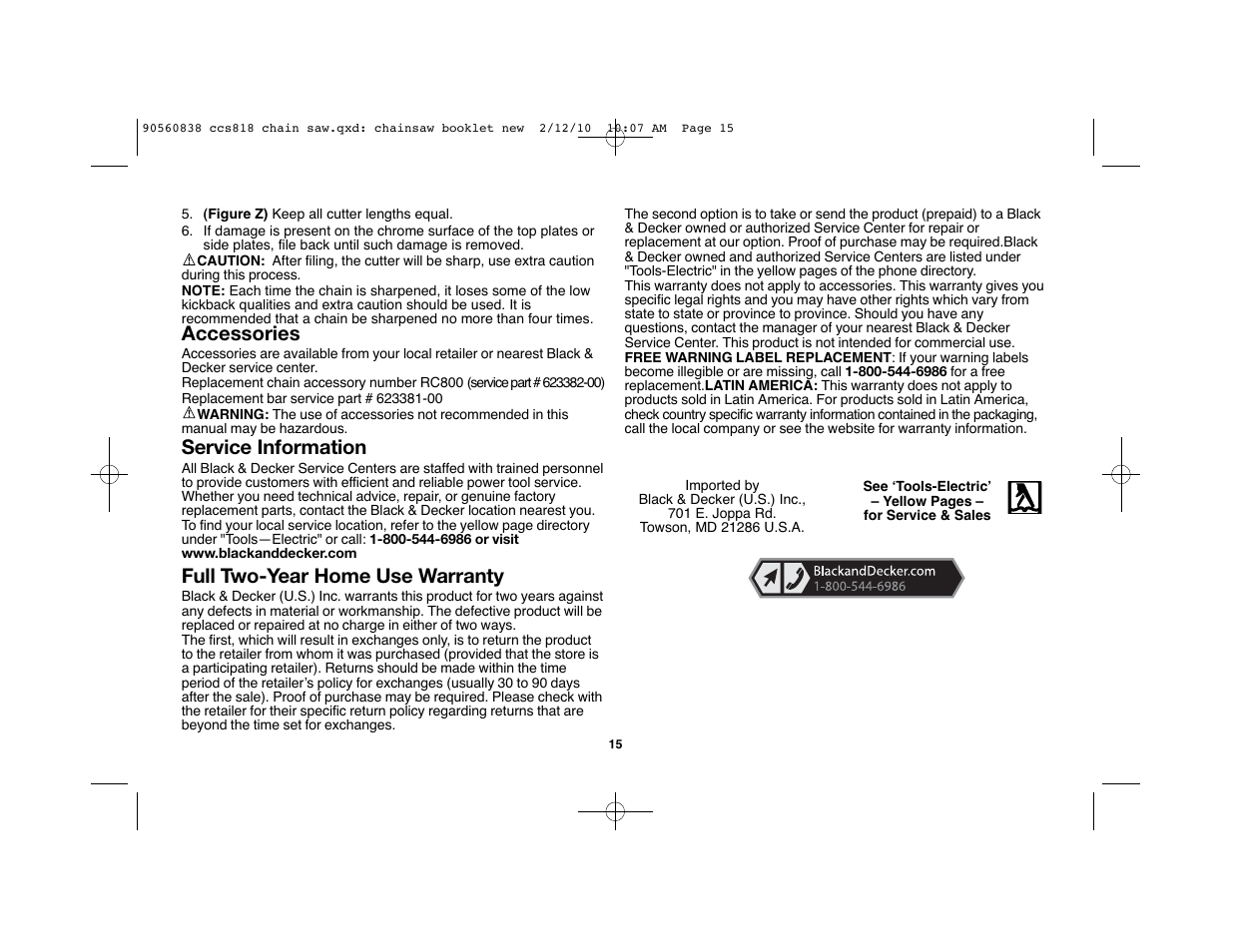 Accessories, Service information, Full two-year home use warranty | Black & Decker CCS818 User Manual | Page 15 / 56