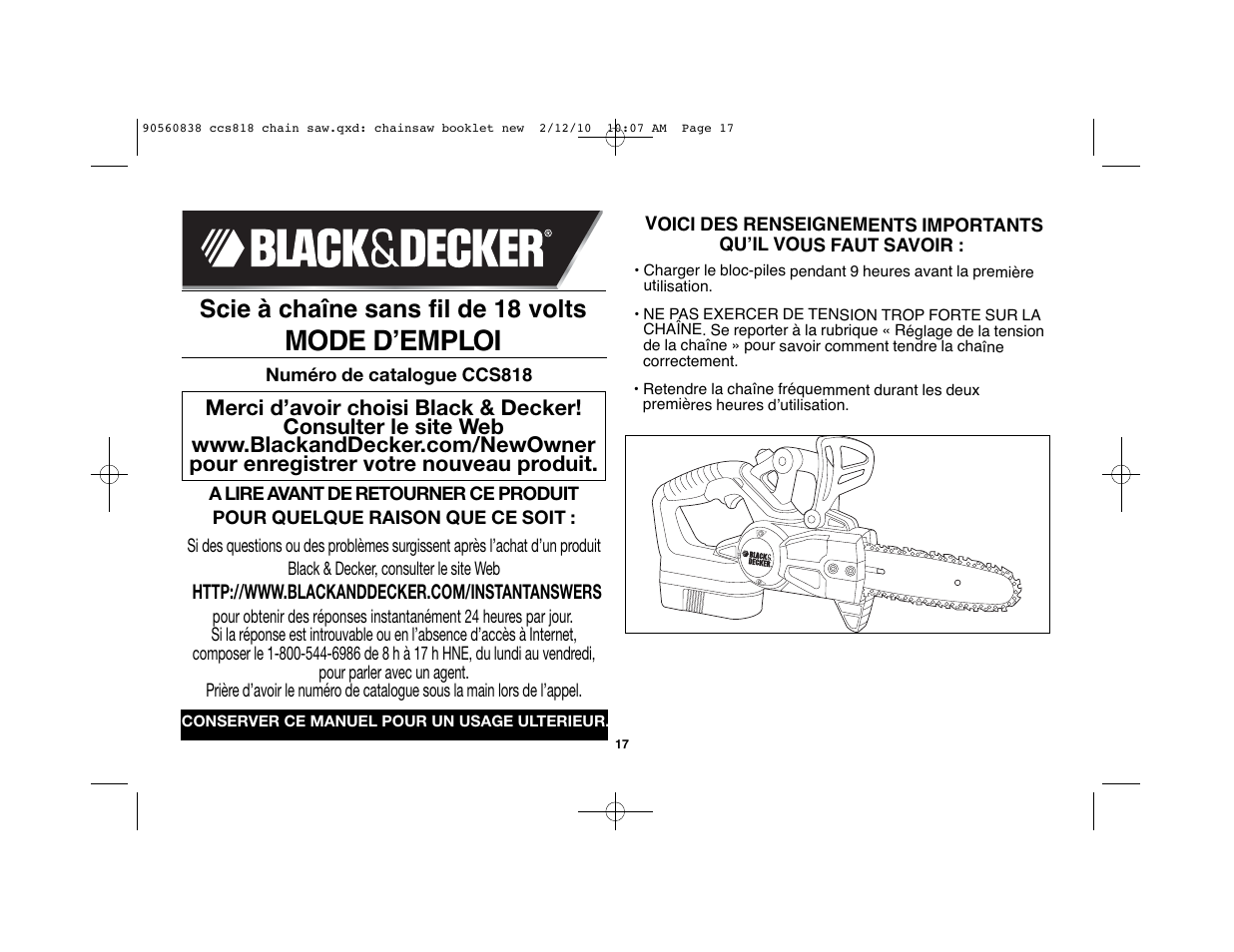 Mode d’emploi, Scie à chaîne sans fil de 18 volts | Black & Decker CCS818 User Manual | Page 17 / 56