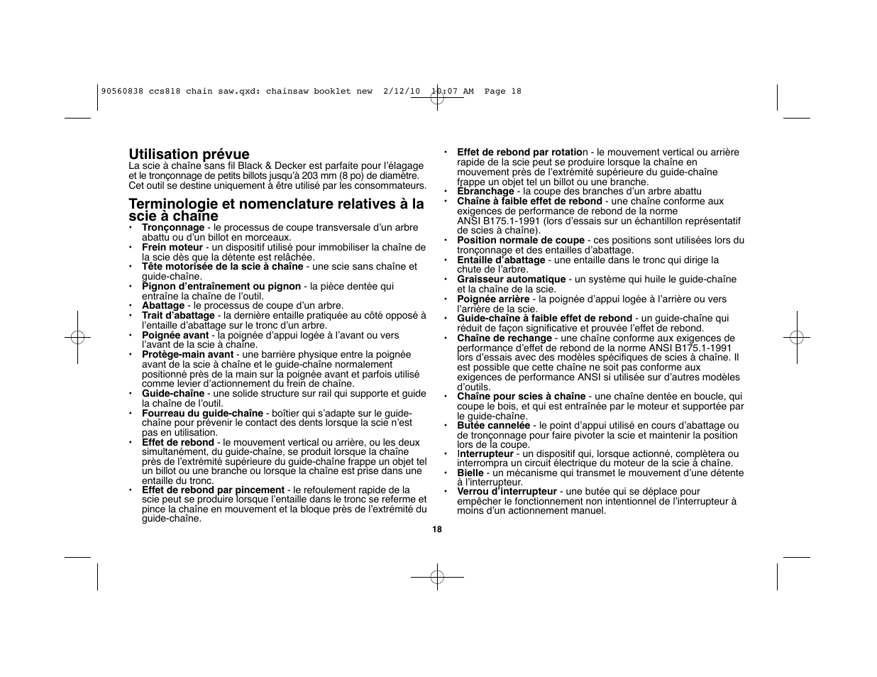 Utilisation prévue | Black & Decker CCS818 User Manual | Page 18 / 56