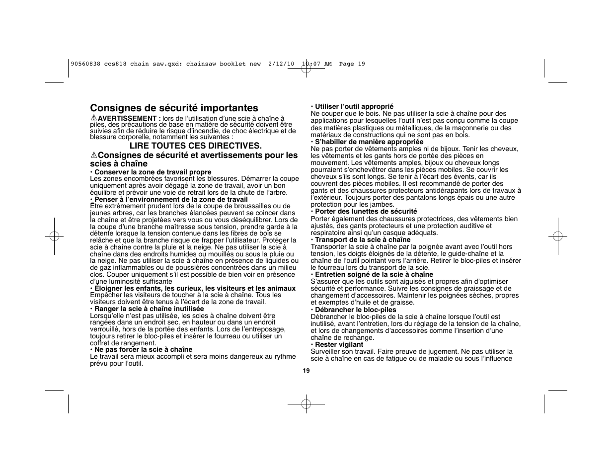 Consignes de sécurité importantes | Black & Decker CCS818 User Manual | Page 19 / 56