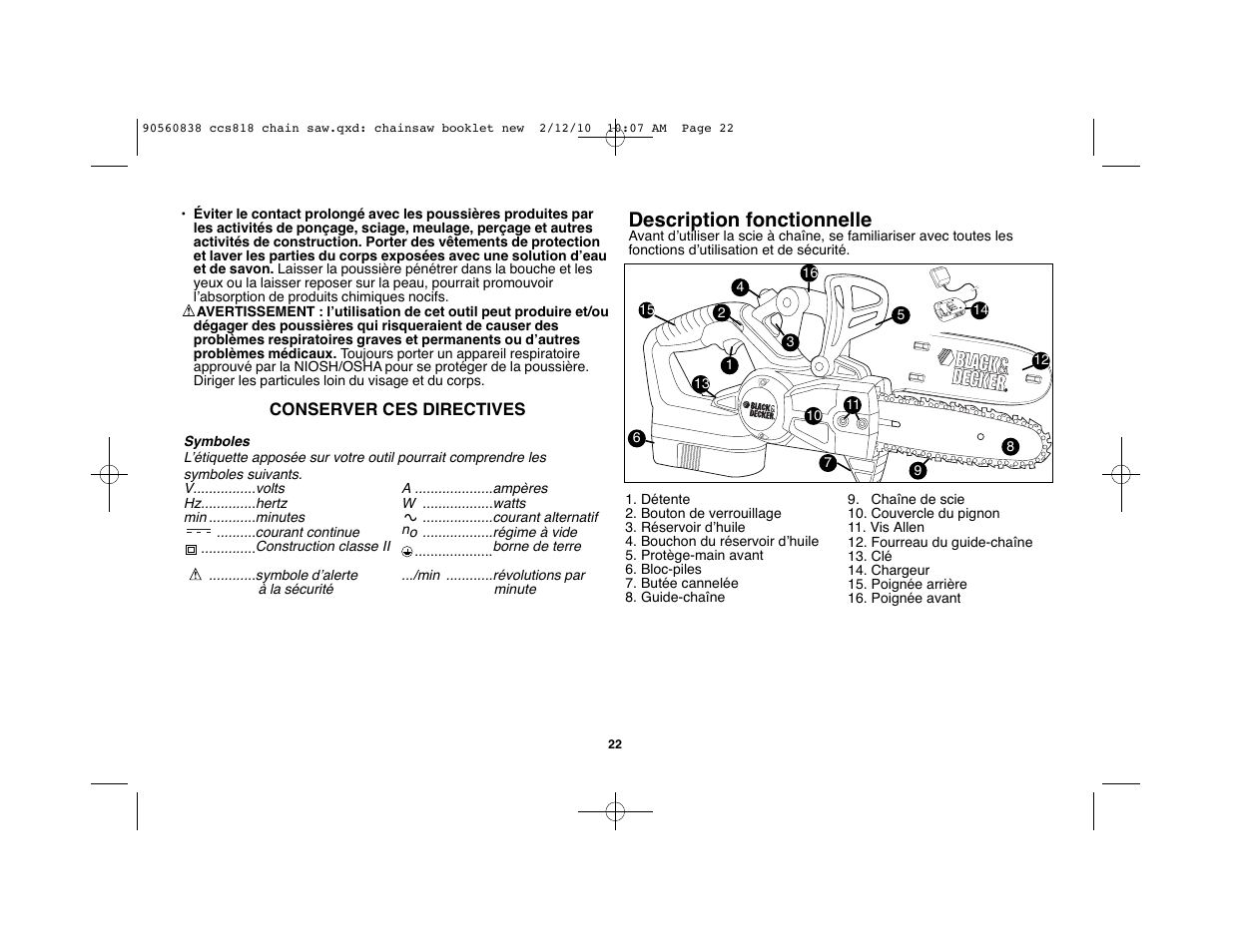 Description fonctionnelle | Black & Decker CCS818 User Manual | Page 22 / 56