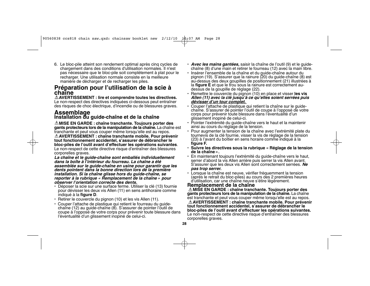 Préparation pour lʼutilisation de la scie à chaîne, Assemblage | Black & Decker CCS818 User Manual | Page 28 / 56