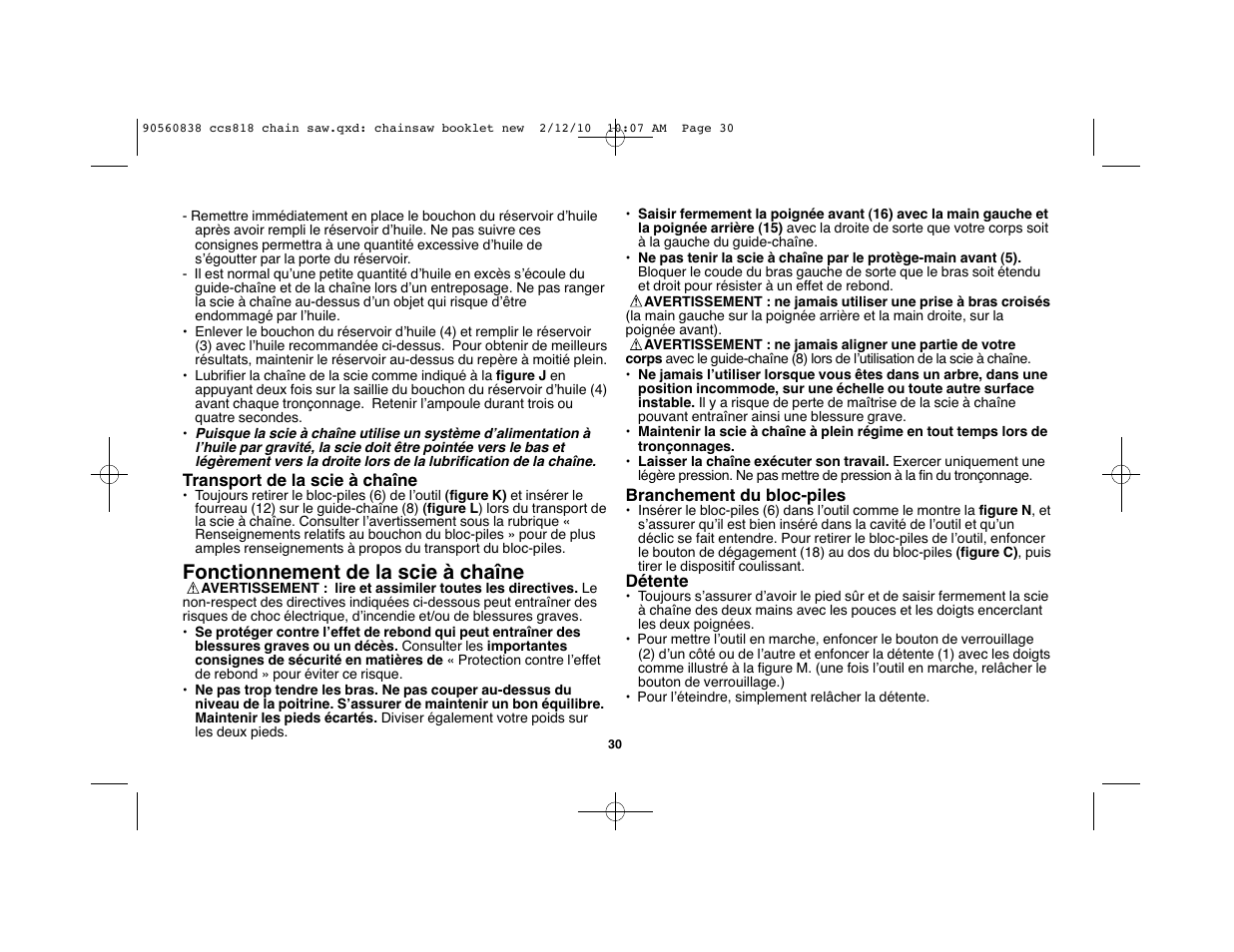 Fonctionnement de la scie à chaîne | Black & Decker CCS818 User Manual | Page 30 / 56
