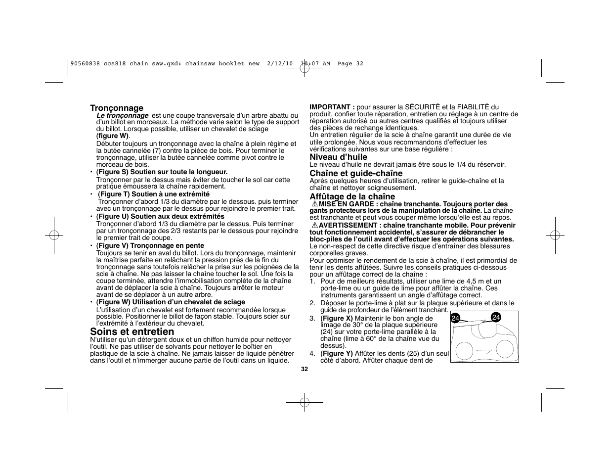 Soins et entretien | Black & Decker CCS818 User Manual | Page 32 / 56