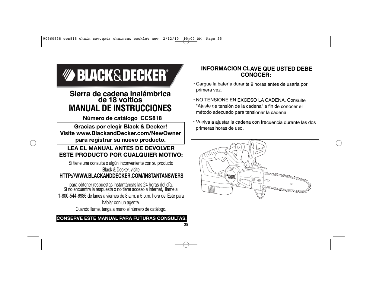 Manual de instrucciones, Sierra de cadena inalámbrica de 18 voltios | Black & Decker CCS818 User Manual | Page 35 / 56