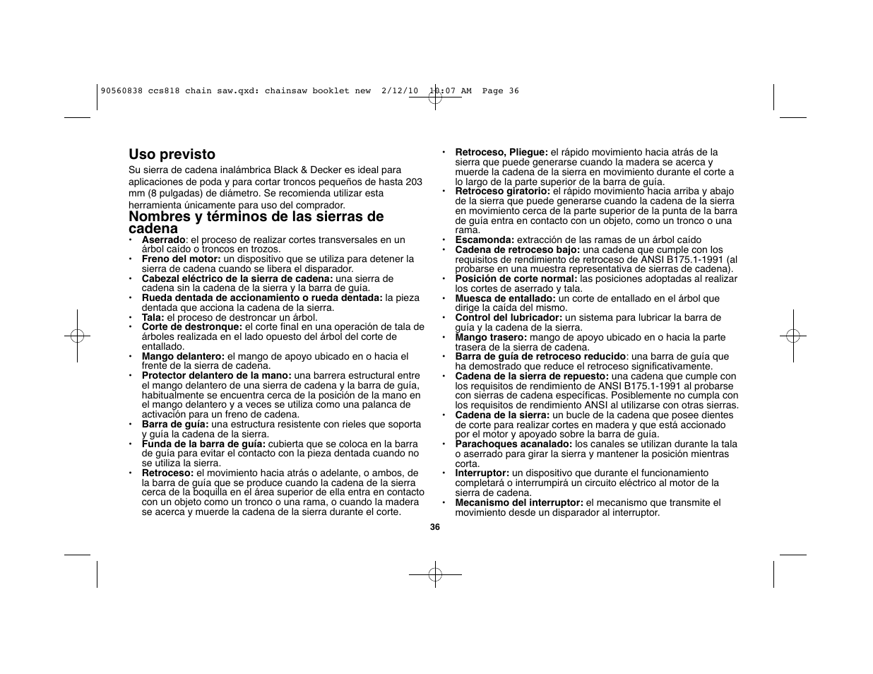 Uso previsto, Nombres y términos de las sierras de cadena | Black & Decker CCS818 User Manual | Page 36 / 56