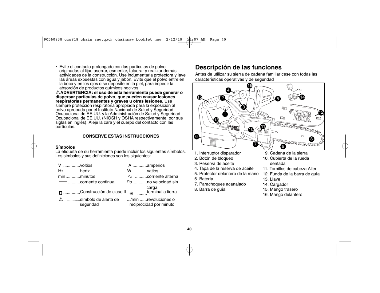 Descripción de las funciones | Black & Decker CCS818 User Manual | Page 40 / 56