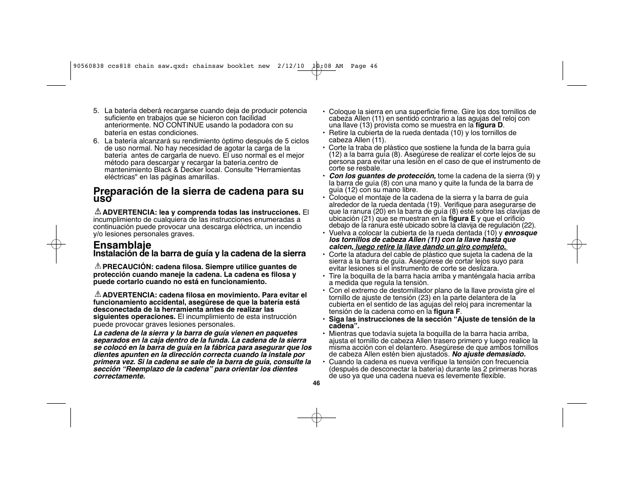 Preparación de la sierra de cadena para su uso, Ensamblaje | Black & Decker CCS818 User Manual | Page 46 / 56