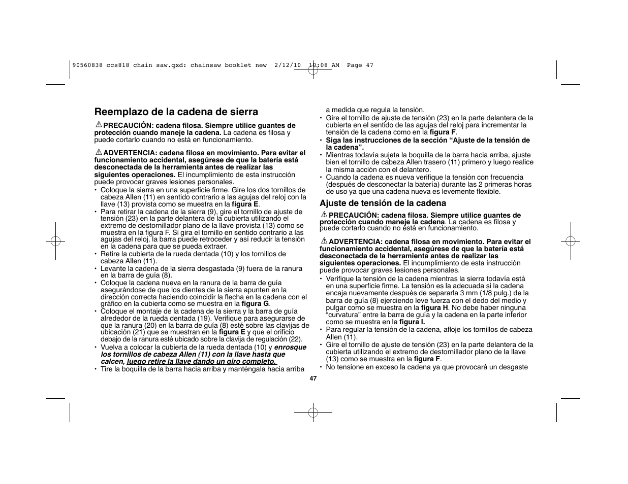 Reemplazo de la cadena de sierra | Black & Decker CCS818 User Manual | Page 47 / 56