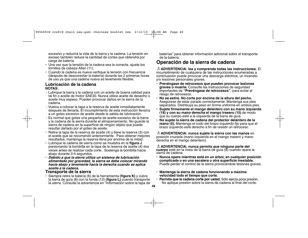 Operación de la sierra de cadena | Black & Decker CCS818 User Manual | Page 48 / 56