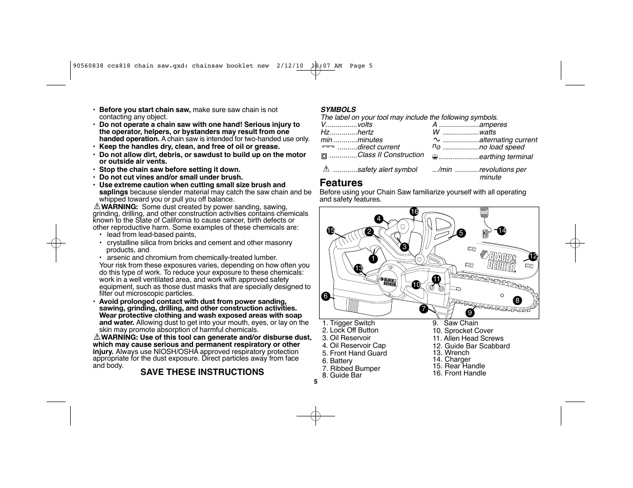 Features | Black & Decker CCS818 User Manual | Page 5 / 56
