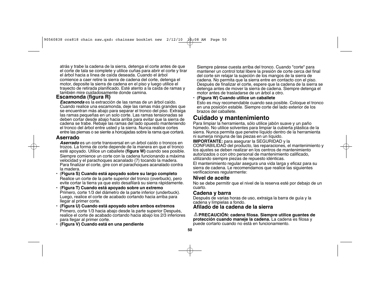 Cuidado y mantenimiento | Black & Decker CCS818 User Manual | Page 50 / 56