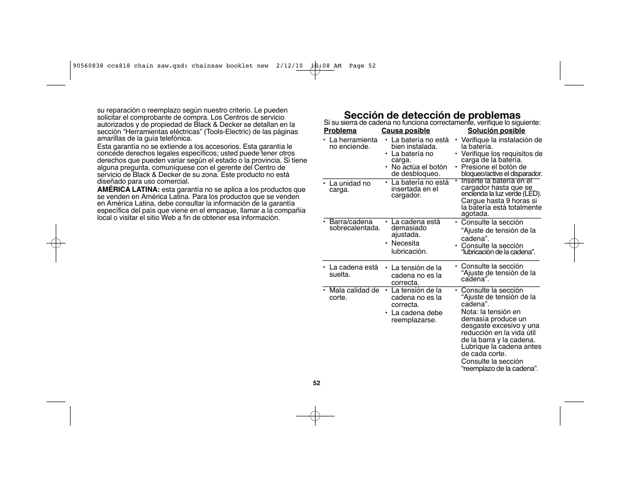 Sección de detección de problemas | Black & Decker CCS818 User Manual | Page 52 / 56