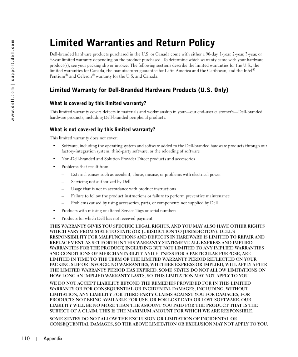 Limited warranties and return policy | Dell 962 All In One Photo Printer User Manual | Page 110 / 122