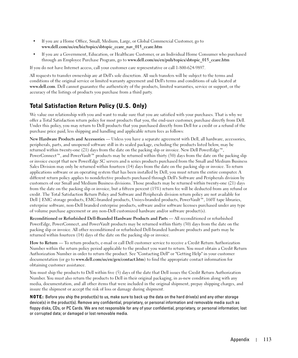 Total satisfaction return policy (u.s. only) | Dell 962 All In One Photo Printer User Manual | Page 113 / 122