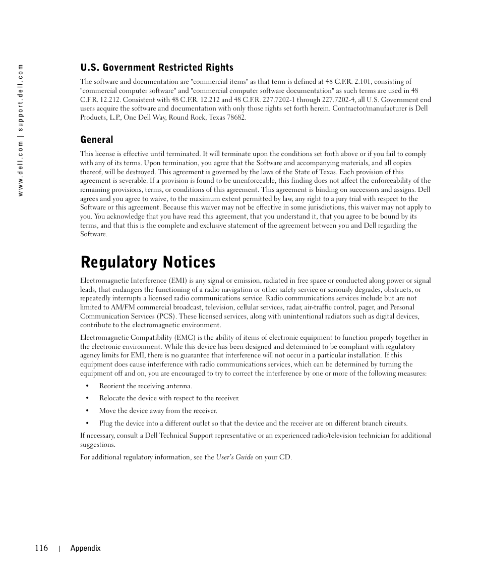 Regulatory notices, U.s. government restricted rights, General | Dell 962 All In One Photo Printer User Manual | Page 116 / 122