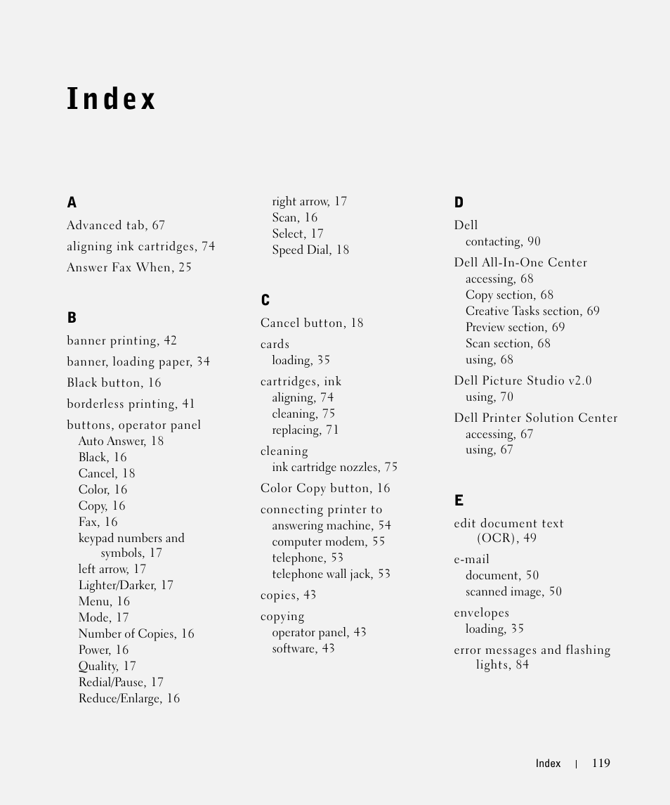 Index | Dell 962 All In One Photo Printer User Manual | Page 119 / 122