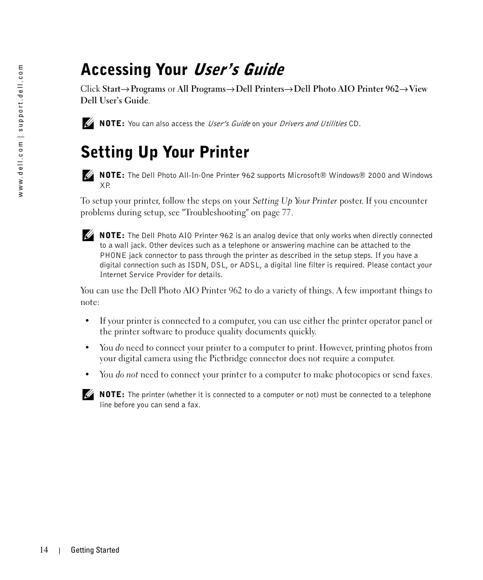 Accessing your user’s guide, Setting up your printer, Accessing your | User’s guide | Dell 962 All In One Photo Printer User Manual | Page 14 / 122