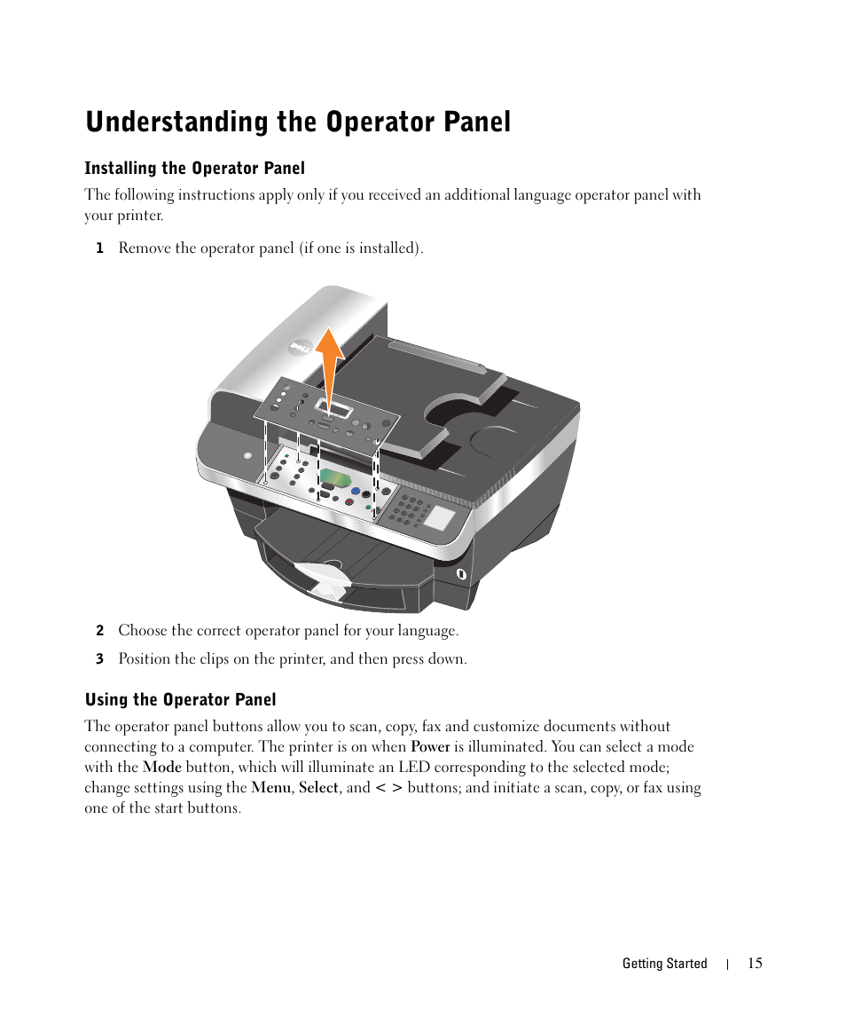 Understanding the operator panel, Installing the operator panel, Using the operator panel | Dell 962 All In One Photo Printer User Manual | Page 15 / 122