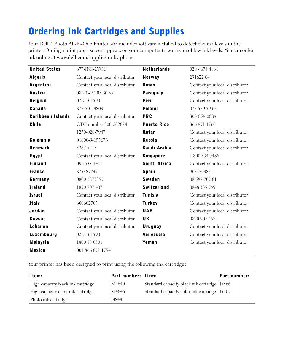 Ordering ink cartridges and supplies | Dell 962 All In One Photo Printer User Manual | Page 2 / 122