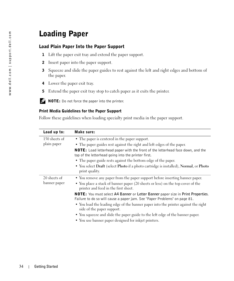 Loading paper, Load plain paper into the paper support | Dell 962 All In One Photo Printer User Manual | Page 34 / 122