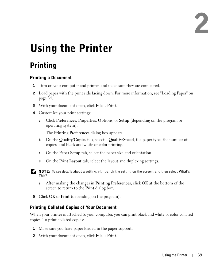 Using the printer, Printing, Printing a document | Printing collated copies of your document | Dell 962 All In One Photo Printer User Manual | Page 39 / 122