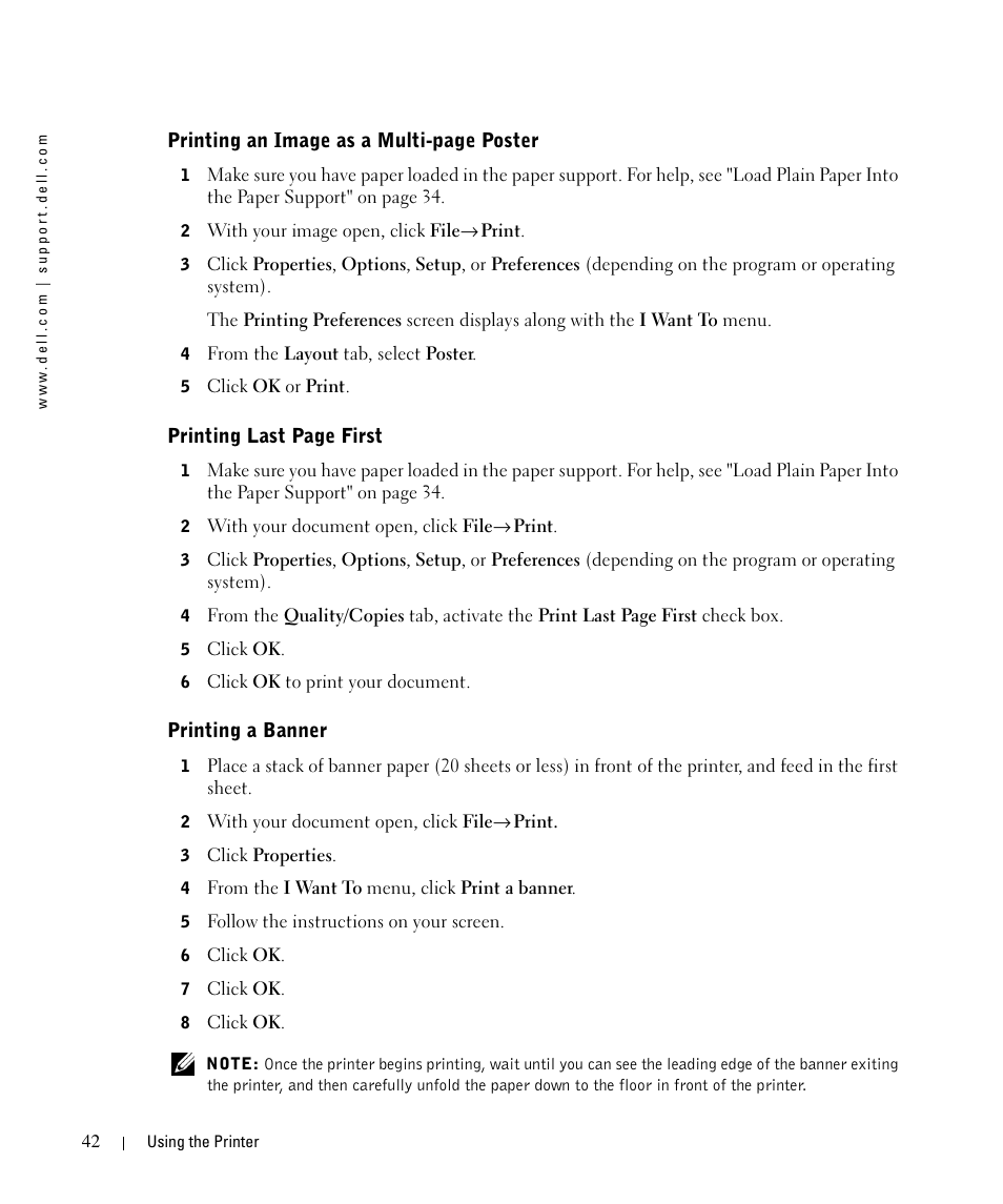 Printing a banner, Printing an image as a multi-page poster, Printing last page first | Dell 962 All In One Photo Printer User Manual | Page 42 / 122