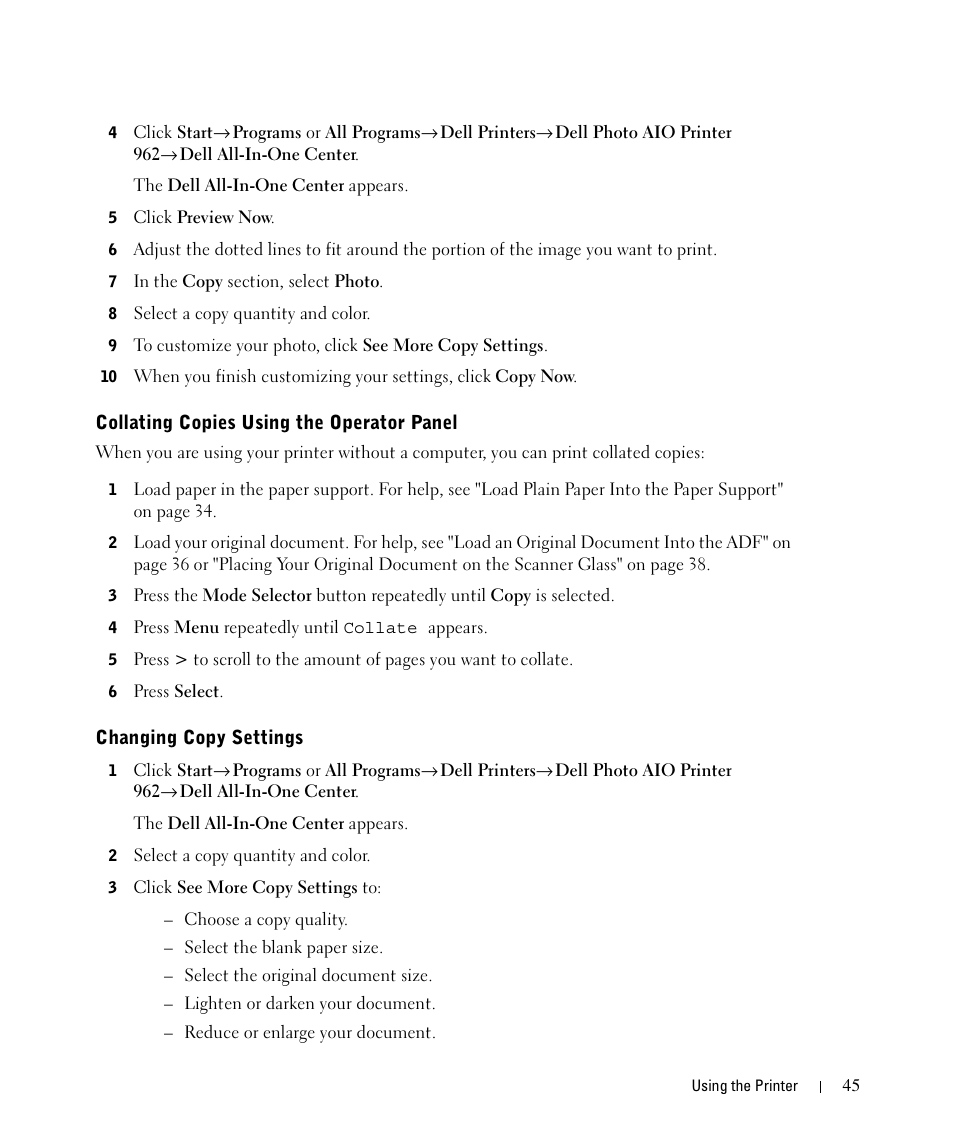Collating copies using the operator panel, Changing copy settings | Dell 962 All In One Photo Printer User Manual | Page 45 / 122