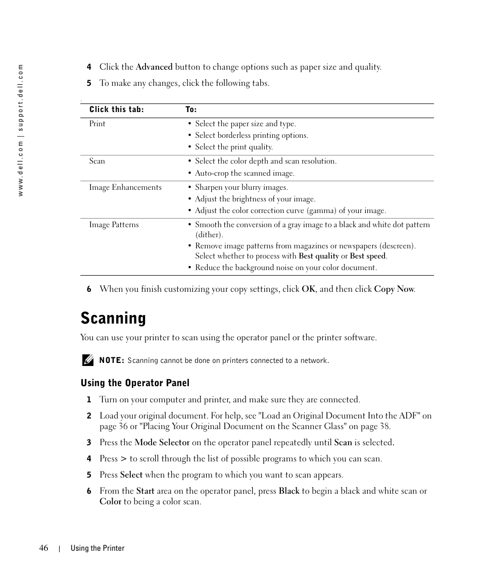 Scanning, Using the operator panel | Dell 962 All In One Photo Printer User Manual | Page 46 / 122