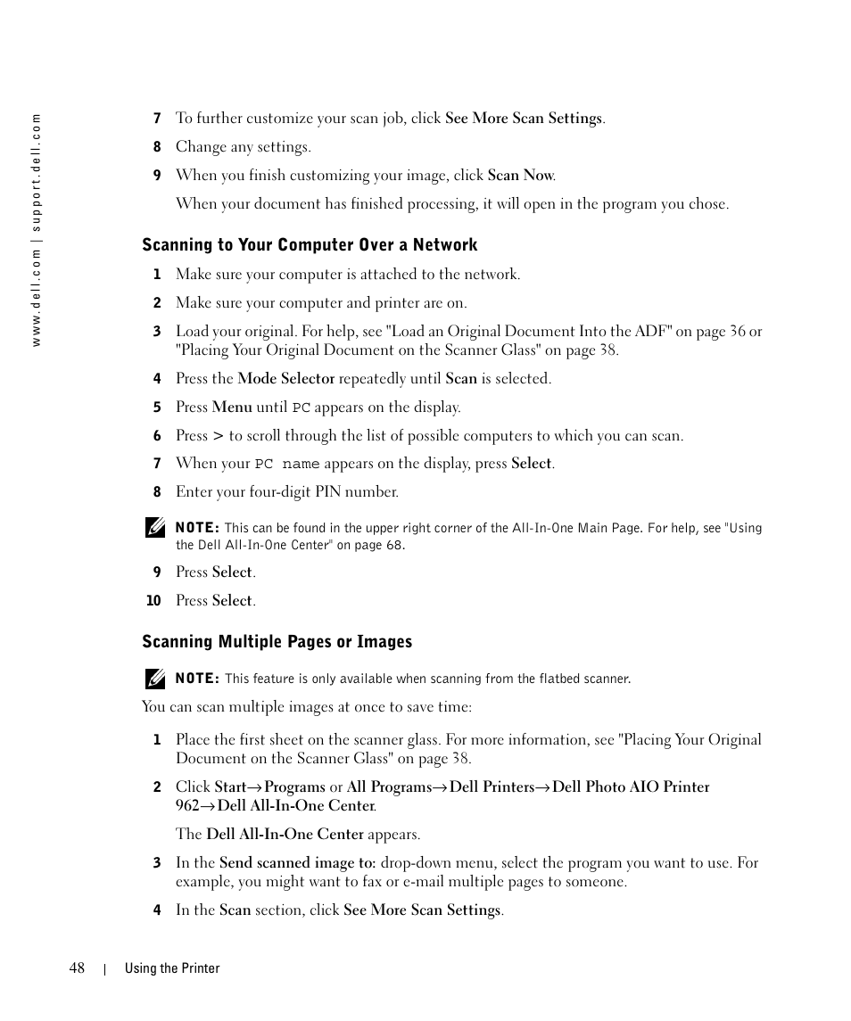 Scanning to your computer over a network | Dell 962 All In One Photo Printer User Manual | Page 48 / 122