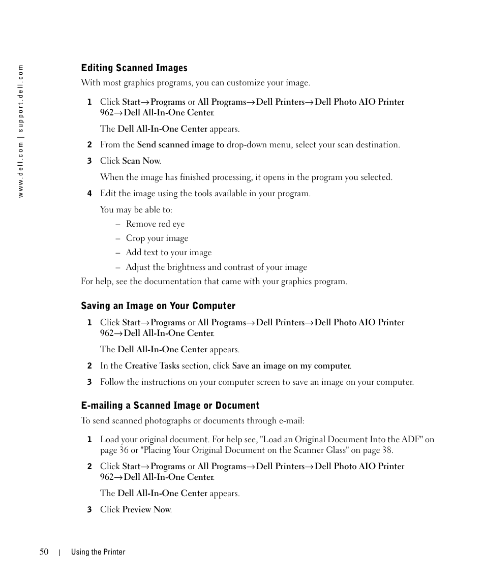 Editing scanned images, Saving an image on your computer, E-mailing a scanned image or document | Dell 962 All In One Photo Printer User Manual | Page 50 / 122