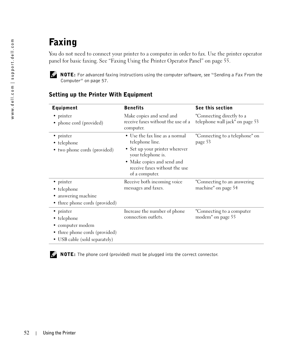 Faxing, Setting up the printer with equipment | Dell 962 All In One Photo Printer User Manual | Page 52 / 122