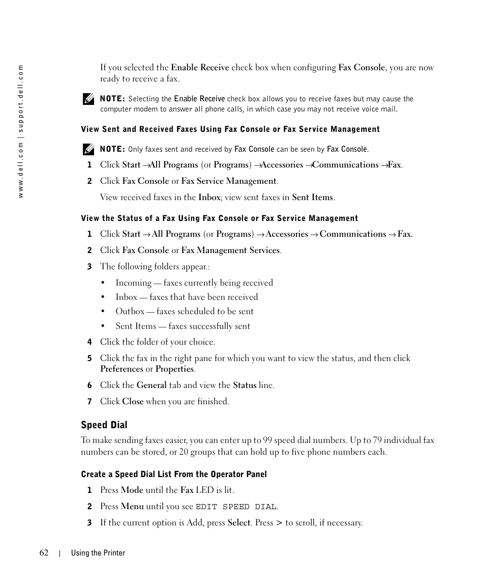 Speed dial | Dell 962 All In One Photo Printer User Manual | Page 62 / 122