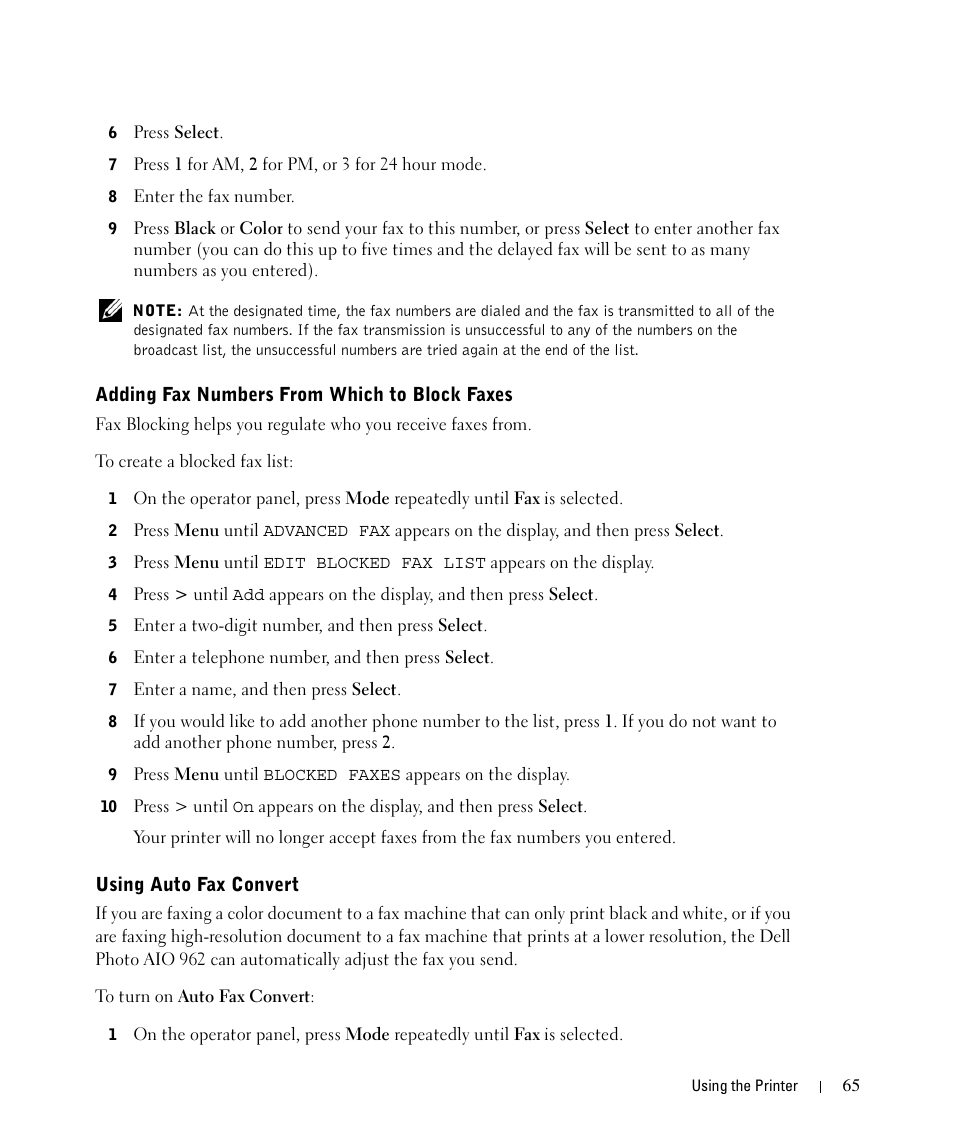 Adding fax numbers from which to block faxes, Using auto fax convert | Dell 962 All In One Photo Printer User Manual | Page 65 / 122