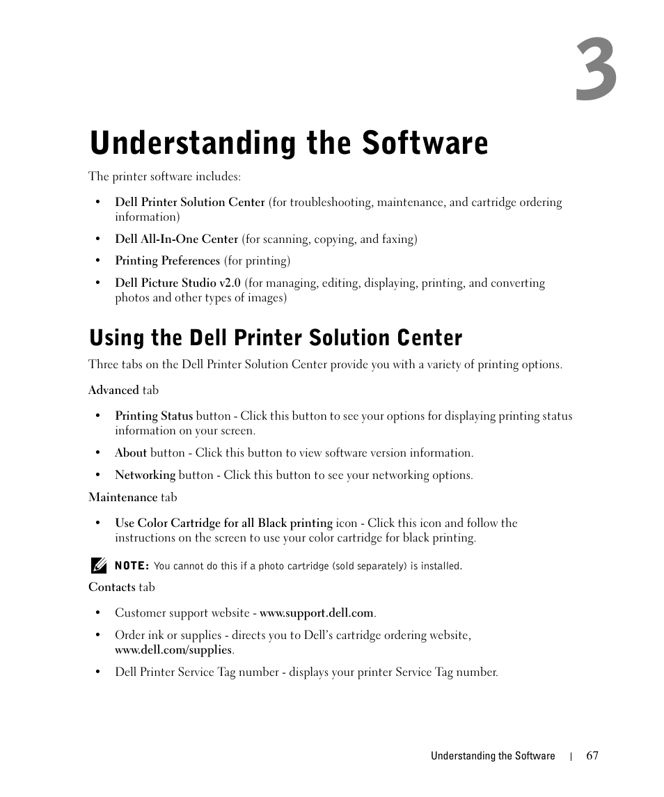 Understanding the software, Using the dell printer solution center | Dell 962 All In One Photo Printer User Manual | Page 67 / 122