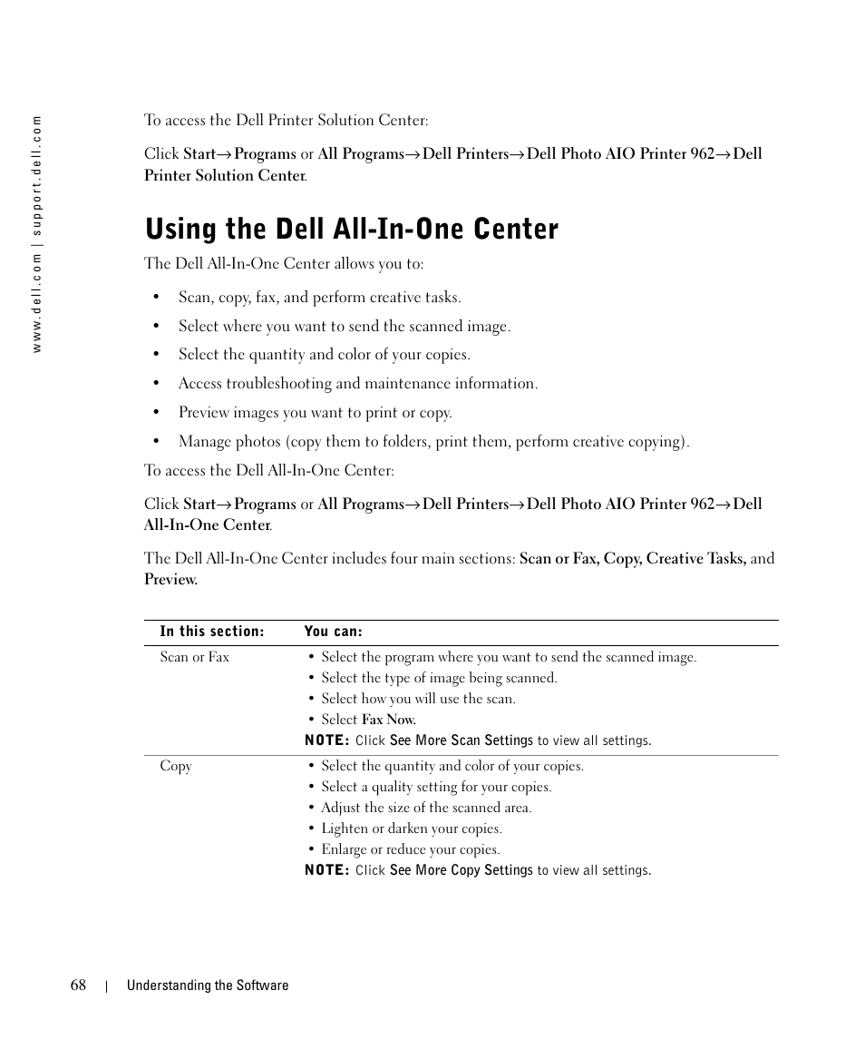 Using the dell all-in-one center, See "using | Dell 962 All In One Photo Printer User Manual | Page 68 / 122