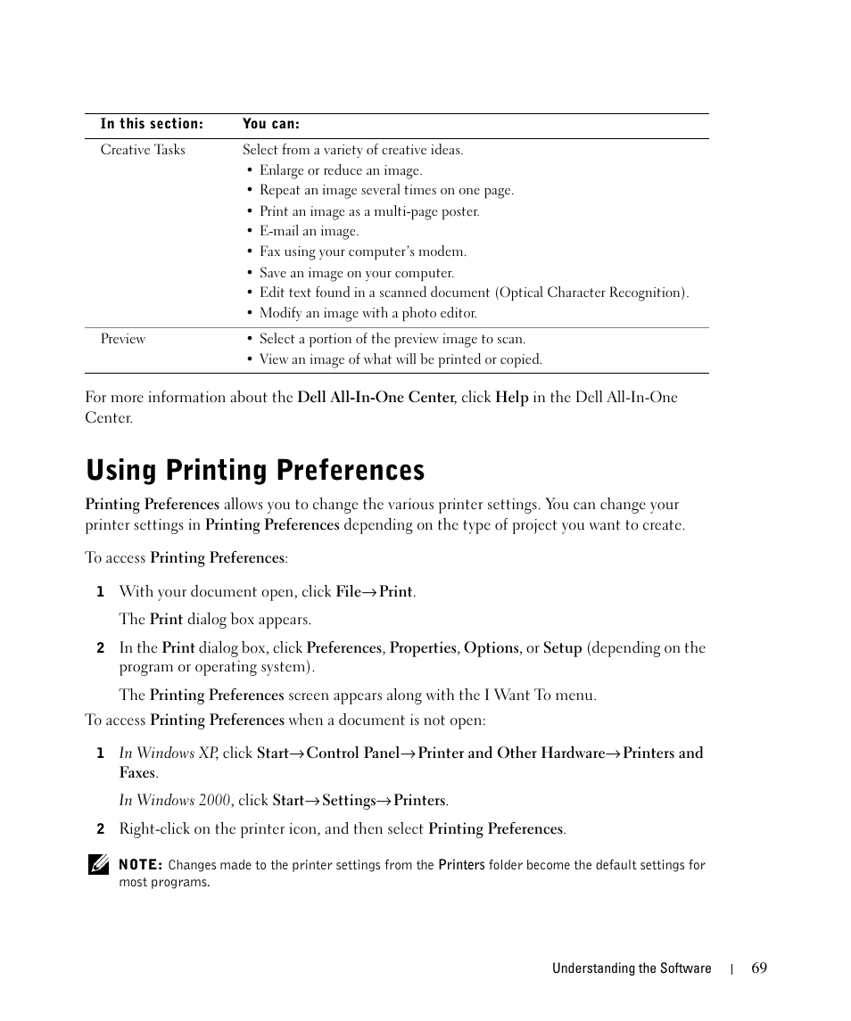 Using printing preferences | Dell 962 All In One Photo Printer User Manual | Page 69 / 122