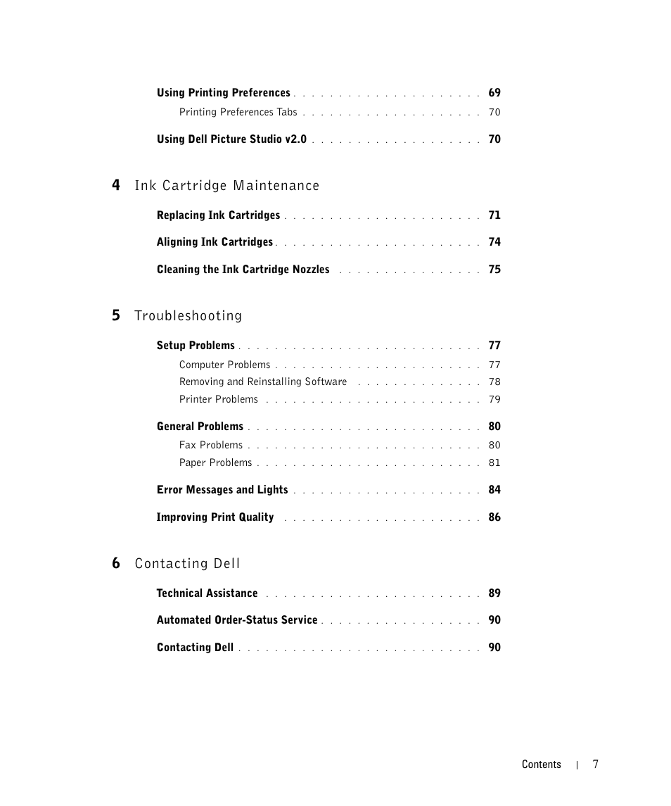 4ink cartridge maintenance, 5troubleshooting, 6contacting dell | Dell 962 All In One Photo Printer User Manual | Page 7 / 122