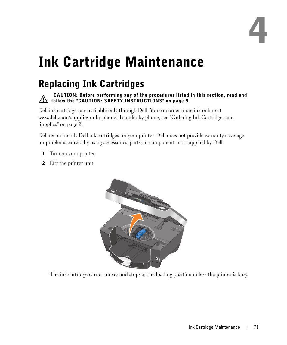Ink cartridge maintenance, Replacing ink cartridges | Dell 962 All In One Photo Printer User Manual | Page 71 / 122