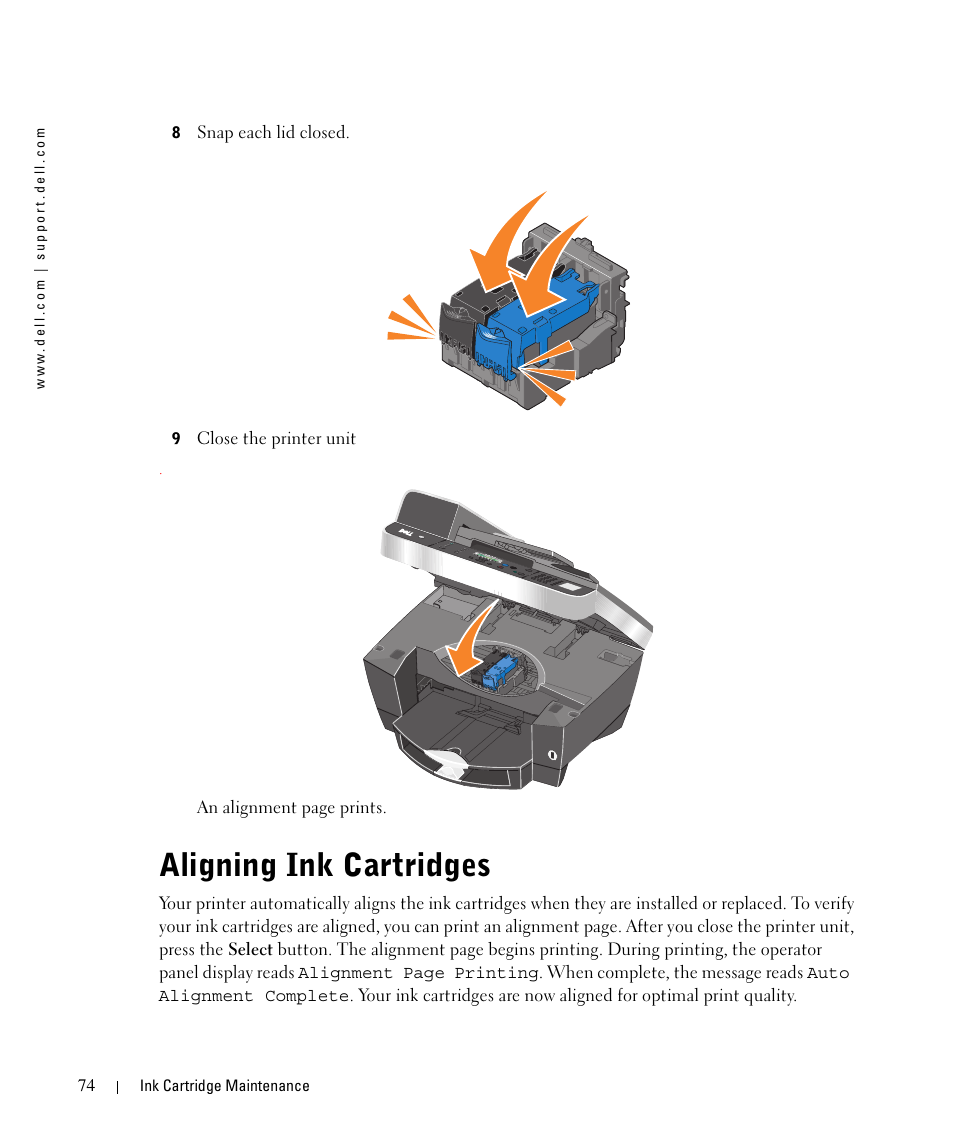 Aligning ink cartridges | Dell 962 All In One Photo Printer User Manual | Page 74 / 122