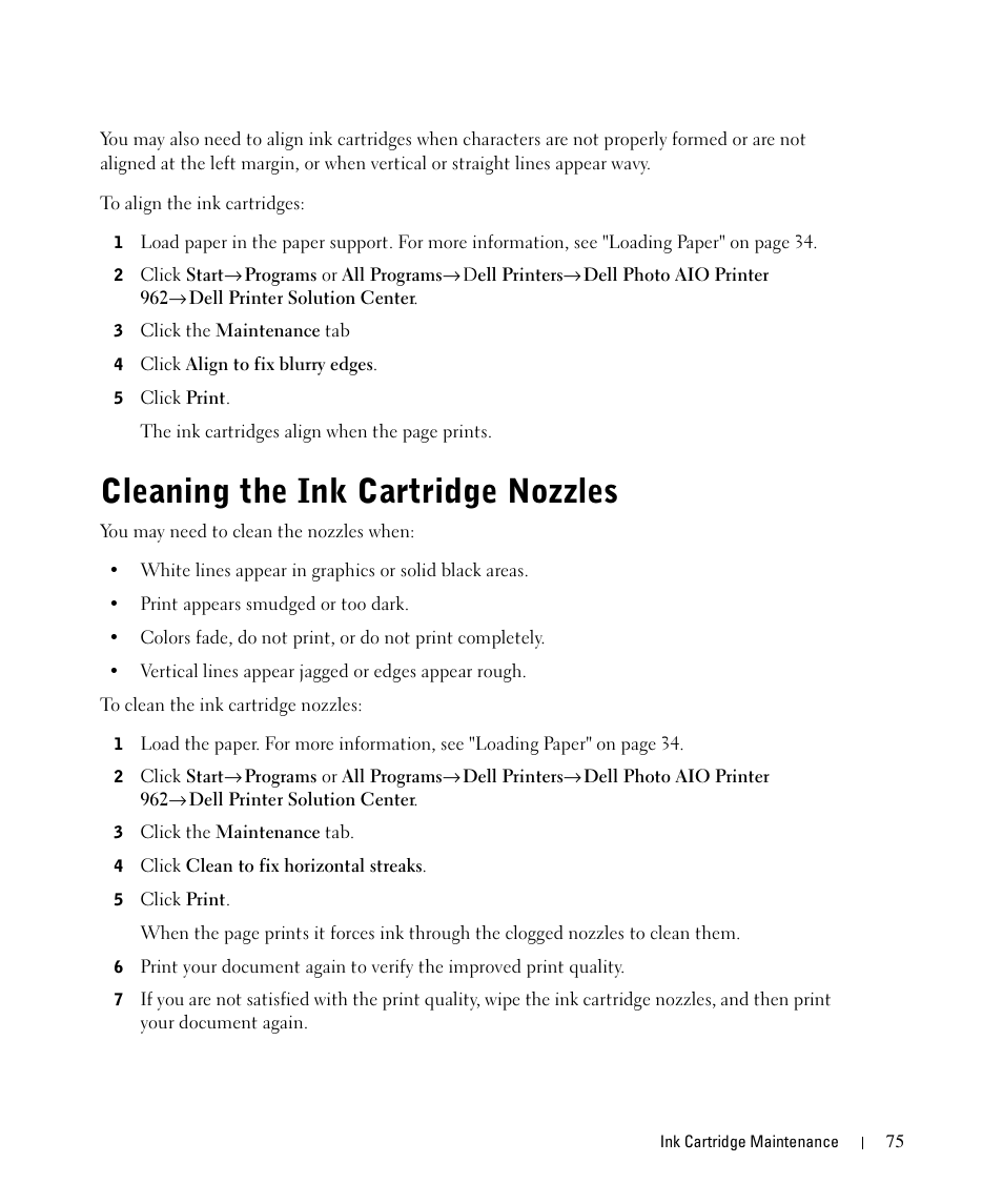 Cleaning the ink cartridge nozzles | Dell 962 All In One Photo Printer User Manual | Page 75 / 122