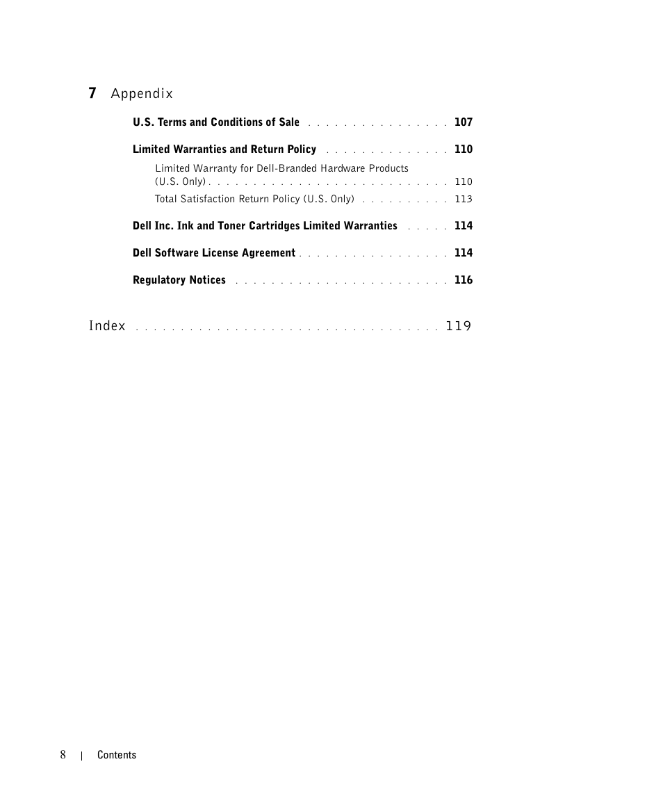 7appendix, Index | Dell 962 All In One Photo Printer User Manual | Page 8 / 122