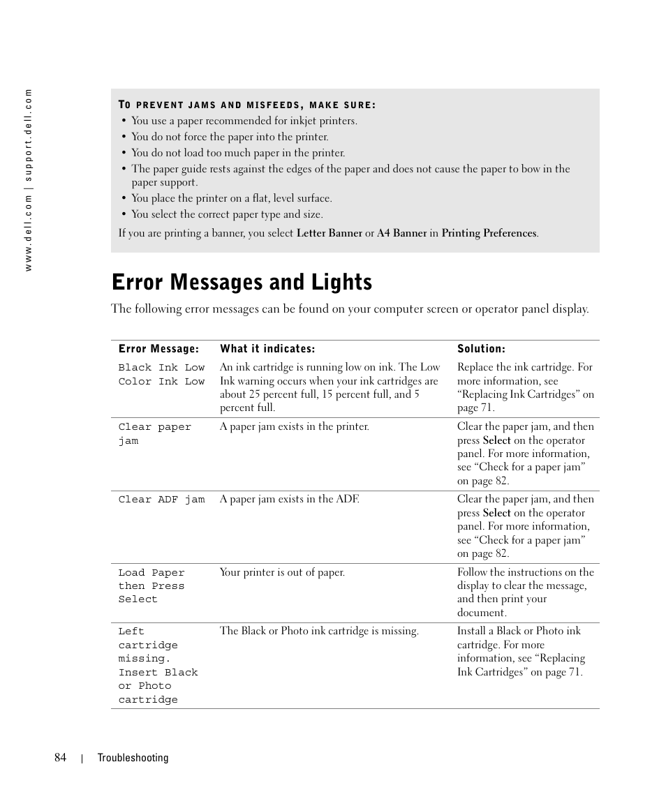Error messages and lights, Ee "error | Dell 962 All In One Photo Printer User Manual | Page 84 / 122
