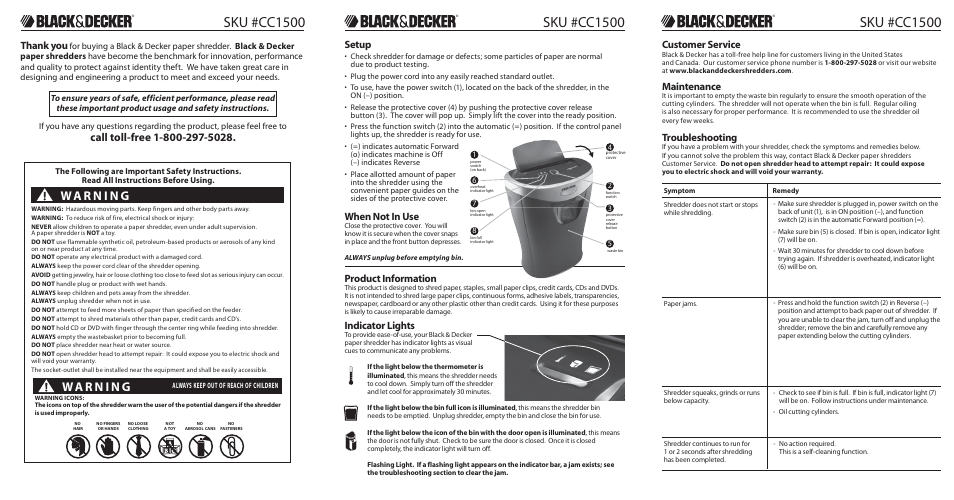 Sku #cc1500, Please read these instructions before use, Customer service | Setup, When not in use, Maintenance, Troubleshooting, Indicator lights, Special features, Product information | Black & Decker SKU #CC1500 User Manual | Page 2 / 2