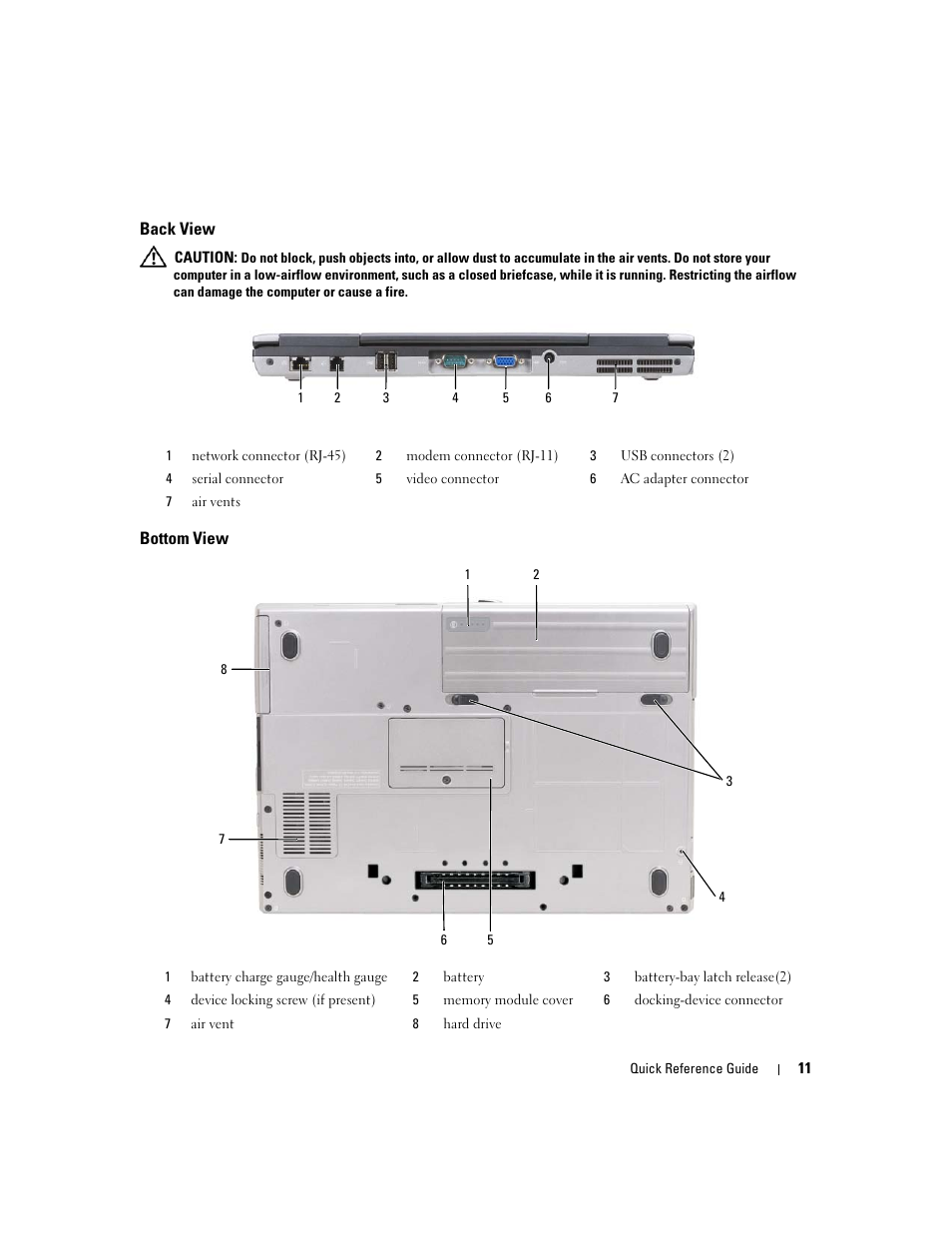 Back view, Bottom view | Dell Latitude D631 (Early 2009) User Manual | Page 11 / 110