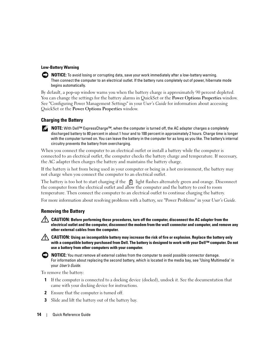 Charging the battery, Removing the battery | Dell Latitude D631 (Early 2009) User Manual | Page 14 / 110